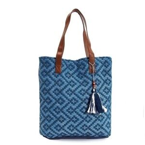 Blue Patterned Tote Bag with Brown Handles